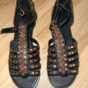 Topshop Gold Leather T-strap Sandals With Buckle